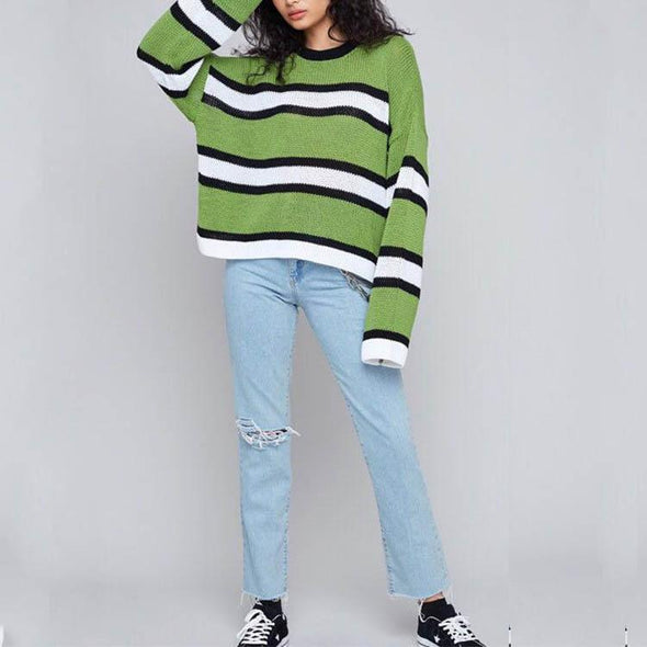 Green Stripes Round Collar Long Sleeve Sweater