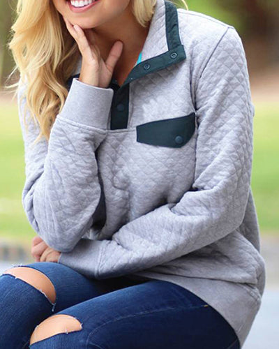 Fashion High Collar Button Long Sleeve Sweatshirt