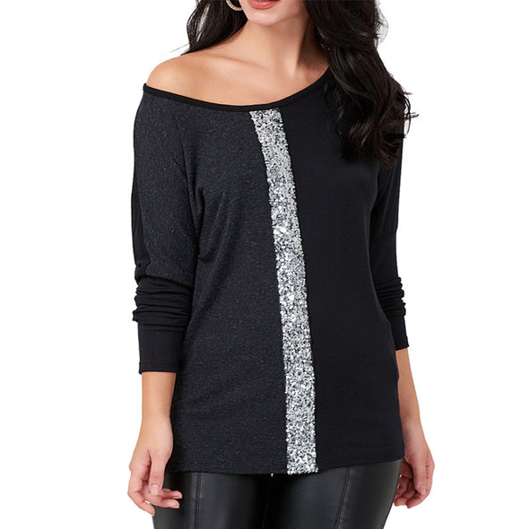 Splicing Sequined Casual Long-Sleeved T-Shirt