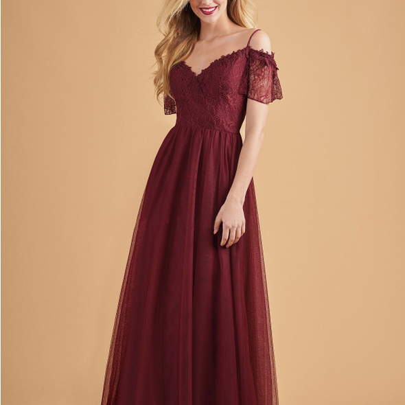 Lace Solid Color Off Shoulder V-Neck Evening Dresses