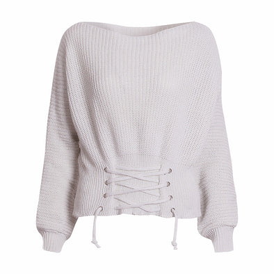 Casual Solid Waist Belt Batwing Sleeve Off Shoulder Knitting Sweater