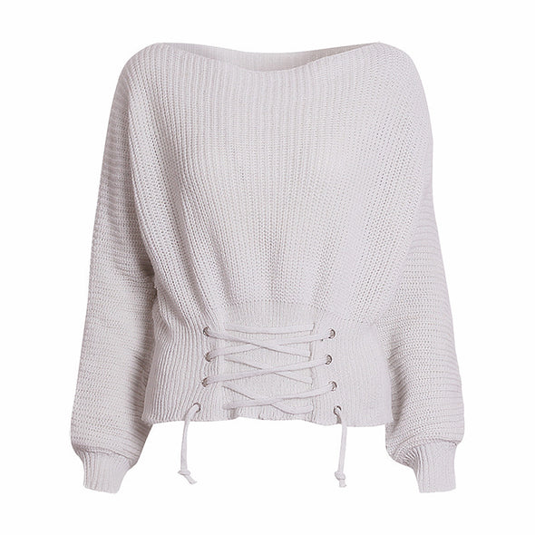 Casual Solid Waist Belt Batwing Sleeve Off Shoulder Knitting Sweater