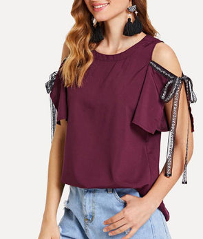 O-Neck Strapless Short-Sleeved Ribbon T-Shirt