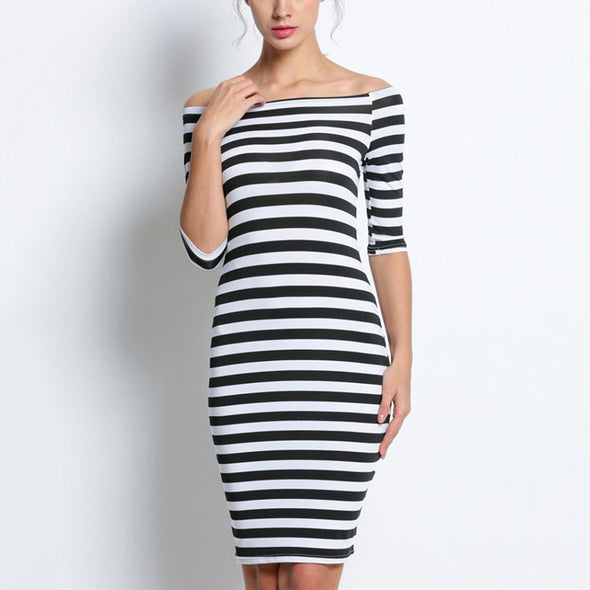 Cutaway Collar Strapless Striped Package Hip Bodycon Dress