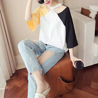 Sexy Bare Shoulder Halter Colorblock Shirt