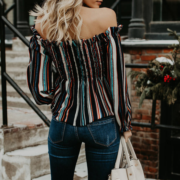 Striped Slash Neck long-sleeved Slim Shirt