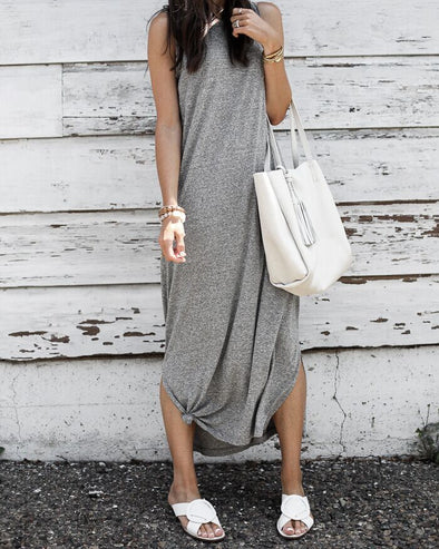 Simple Solid Sleeveless Hem Split Cotton Maxi Dress