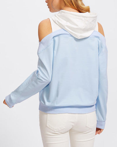 New Colorblock Hooded Off-The-Shoulder Loose Sweater