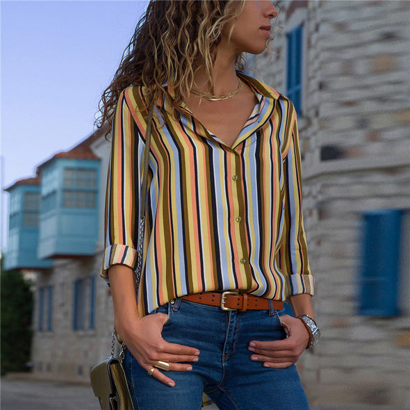 Women's Casual Striped Long-Sleeved V-Neck Shirt