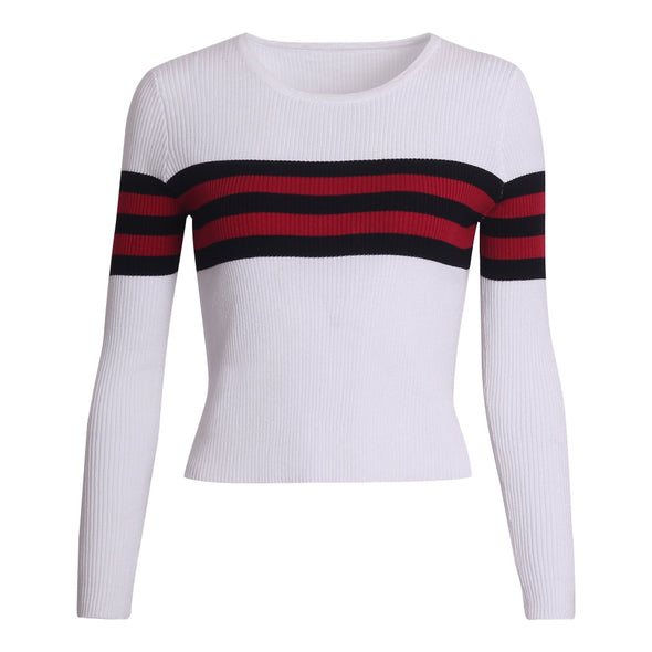 Stripe Elasticity Round Neck Short Knitting Sweaters