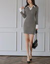 Shirt Collar Splicing Slim Houndstooth Bodycon Dress