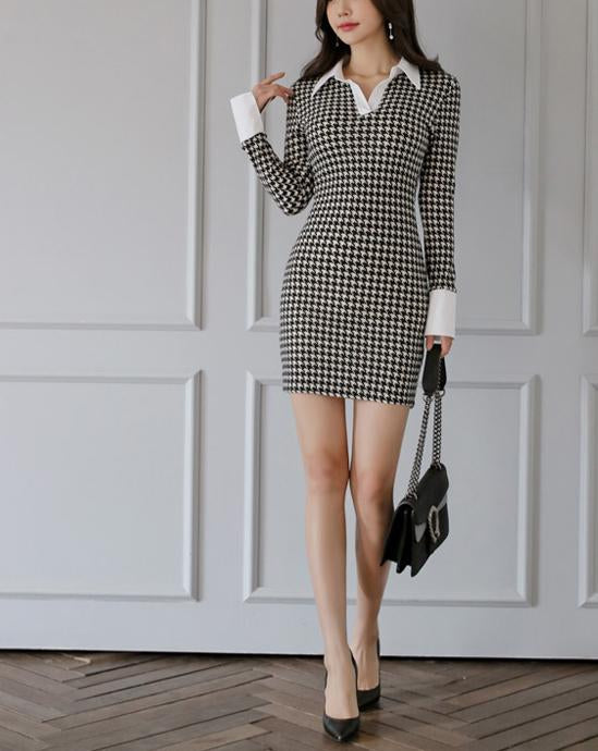 Shirt Collar Splicing Slim Houndstooth Bodycon Dress