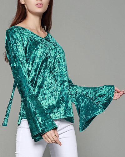 Velvet Flared Long Sleeve Halter T-Shirt