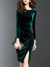 O-Neck Slit Plain Velvet Bodycon Dress