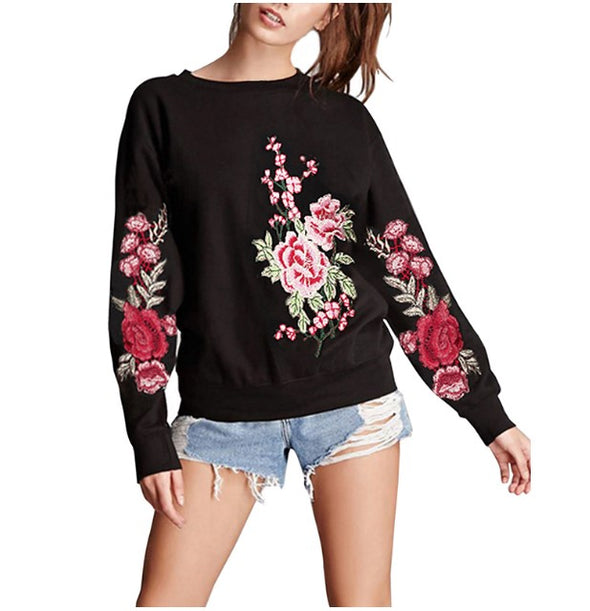 Embroidered Flower Round Neck Long Sleeve Sweatshirt