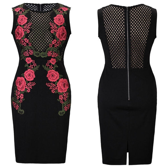 Flower Embroidery Sexy Hollow Slim Bodycon Dress