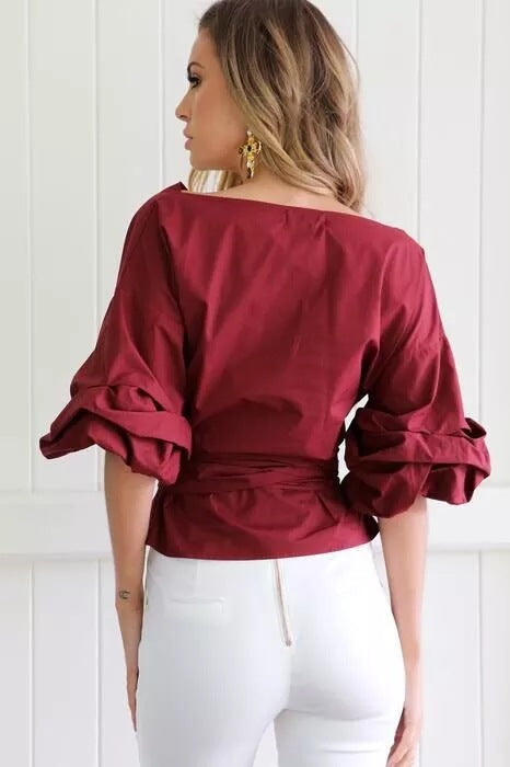 Women's V-neck Lantern Sleeve Shirt