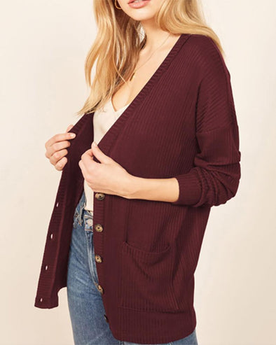 Casual V-Neck Long Sleeve Solid Color Sweaters