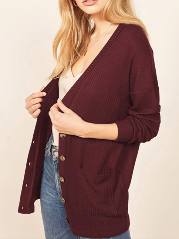 Casual V-Neck Long Sleeve Solid Color Sweaters