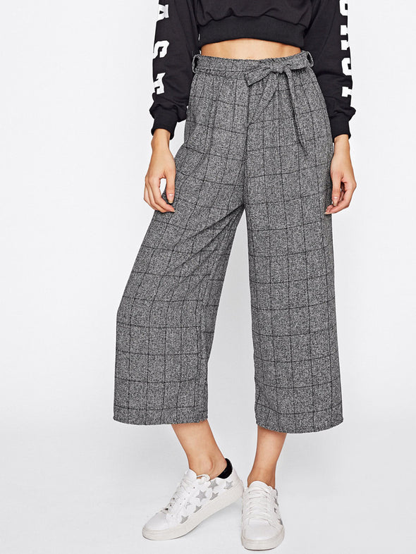 New casual plaid bow Ankle-Length Pants wide leg pants