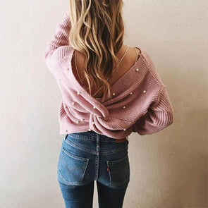 Loose Backless Irregular Cross Pearl Knit Sweater