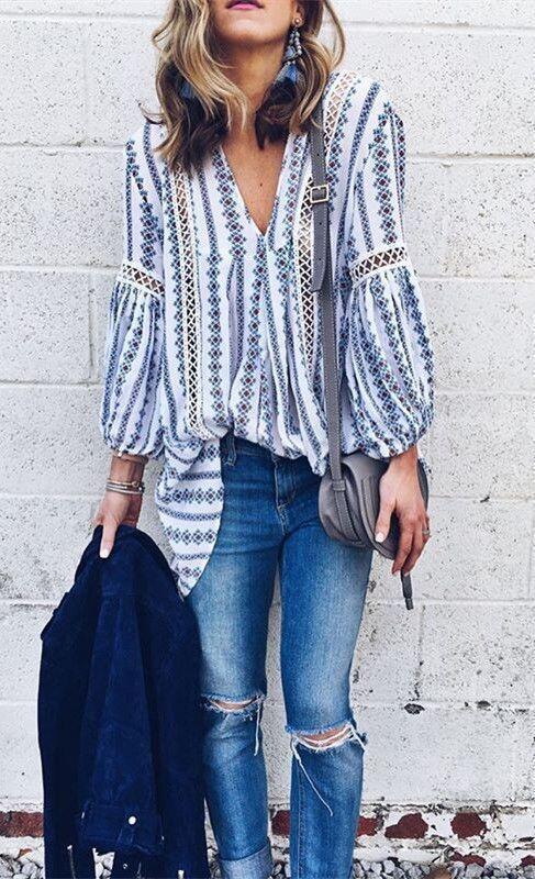 Casual V-neck Pullover Striped Shirt Chiffon Shirt