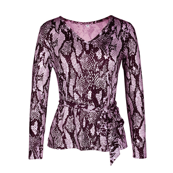 V-Neck Snake Print Long-Sleeved T-Shirt