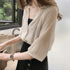 Solid color V-neck cropped sleeve chiffon shirt