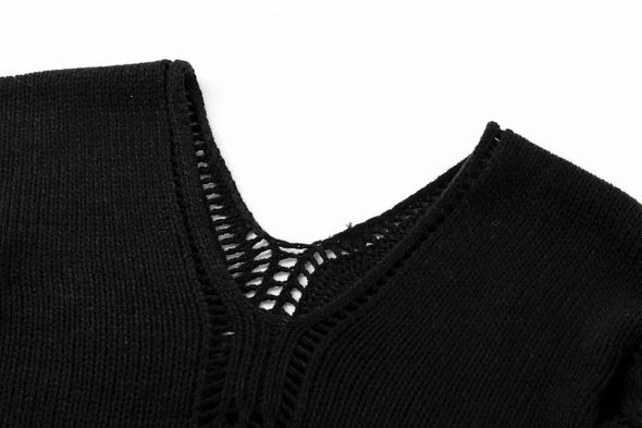 New Fringed Hollow V-Neck Trumpet Sleeve Sweater