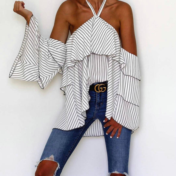 Halter Striped Bell Sleeve Blouses