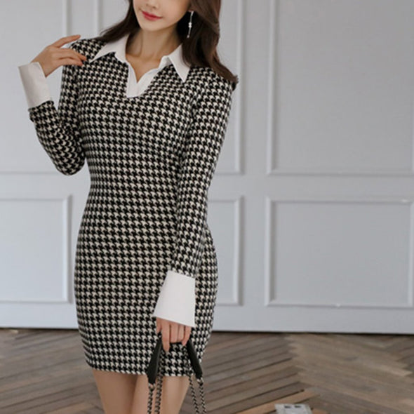 Shirt Collar Splicing Slim Houndstooth Bodycon Dress