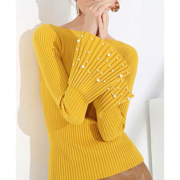 Off Shoulder Flare Sleeve Beading Sweater