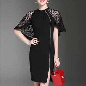 Band Collar  Decorative Lace Zips Plain Polyester Midi Dresses