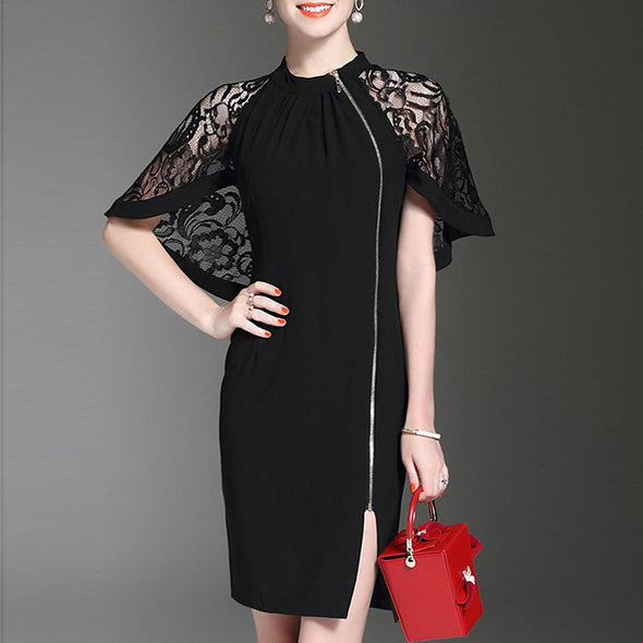 Band Collar  Decorative Lace Zips Plain Polyester Midi Dresses