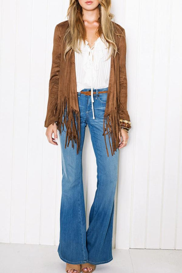 Snap Front Tassel  Plain Cardigans