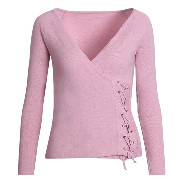 Side Bandage V- neck Long Sleeve Sweaters