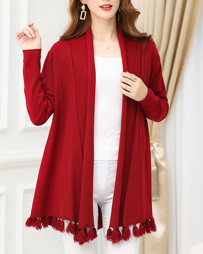 Long Sleeve Fringed Loose Knit Cardigan