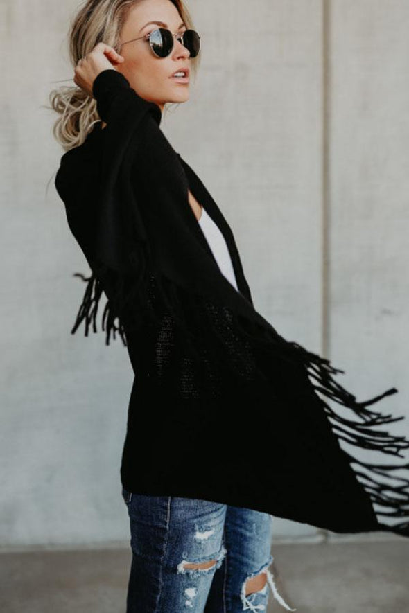 Fashion Solid Asymmetric Hem Tassel Cardigans