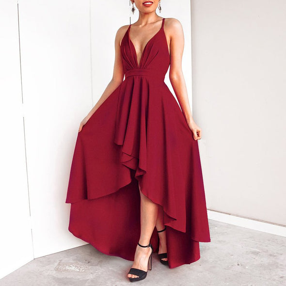 Sexy V-Collar Solid Color Irregular Sling Evening Dress