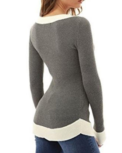 Slim V-Neck Long Sleeve Colorblock T-Shirt