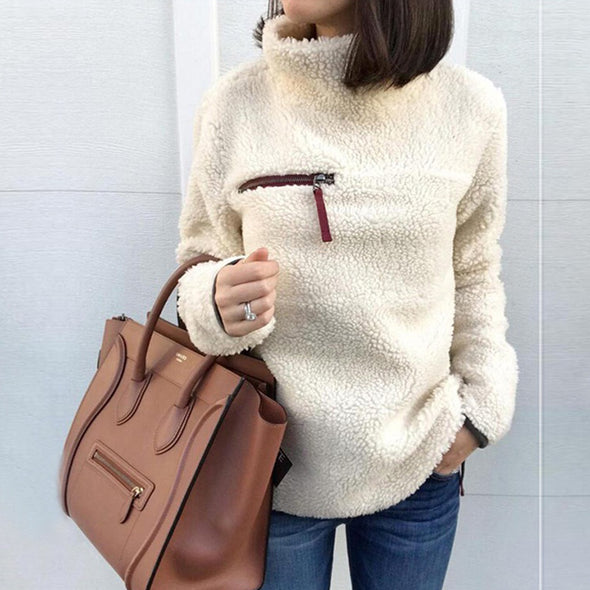 Casual Stand Collar Solid Color Long Sleeve Plus Velvet Fur Sweater