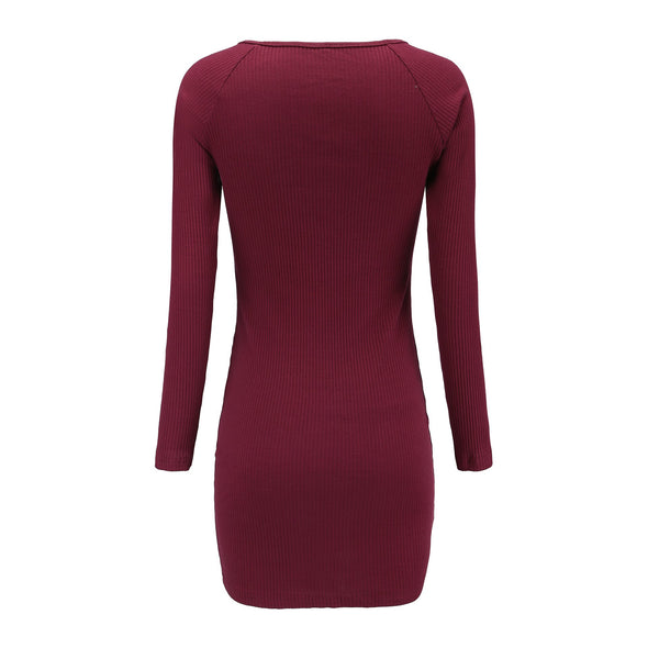 V-Neck Knit Long Sleeve Sexy Slim Dress