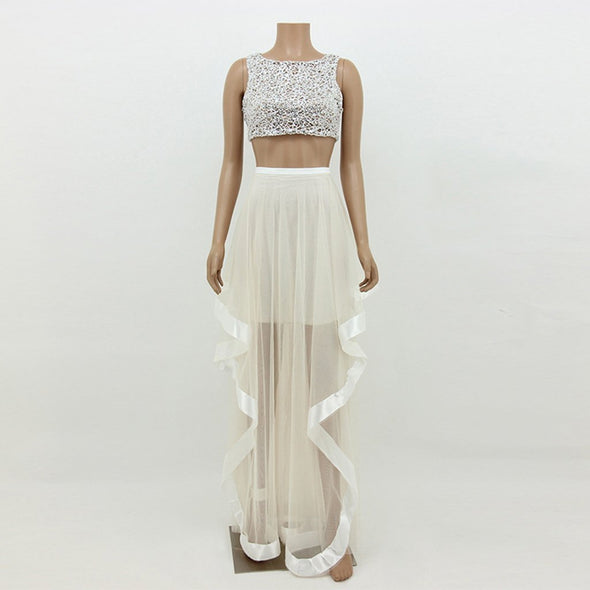 Geometric Pattern Net Yarn Irregular Wedding Skater Dress