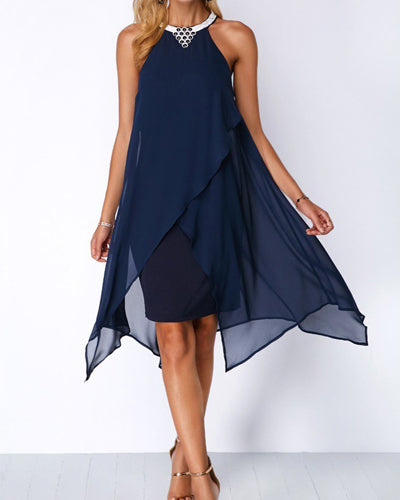 Embellished Neck Asymmetric Hem Chiffon Overlay Dress