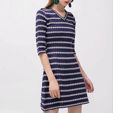 V Collar Stripes Knitting Half Sleeve Bodycon Dress