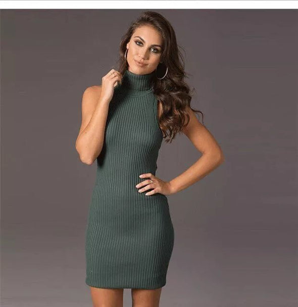 Fashion Solid Turtleneck Backless Knitting Bodycon Dress