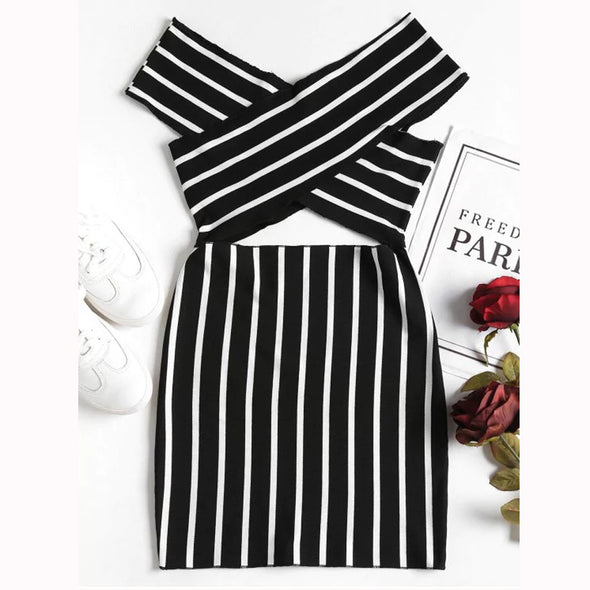 Women's striped one-neck dress bag hip skirt