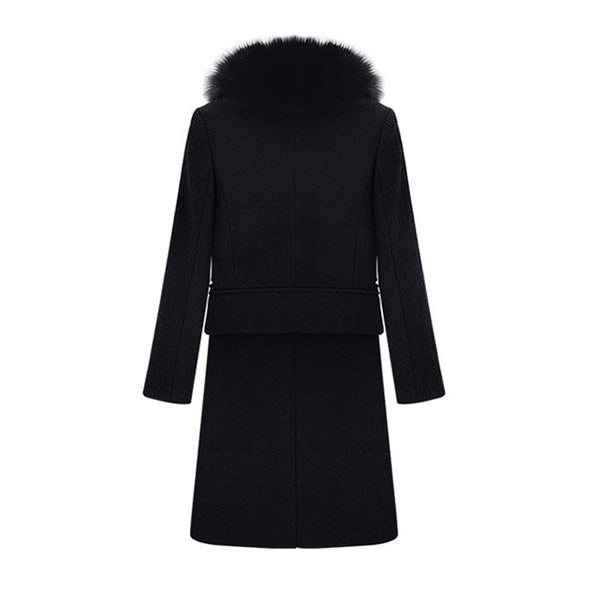 Fox Fur Collar Solid Color Slim Thick Woolen Coat