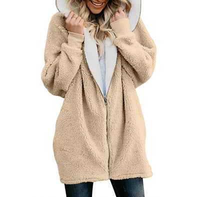 Fashion Solid Hooded Zipper Plush Cardigan Coat