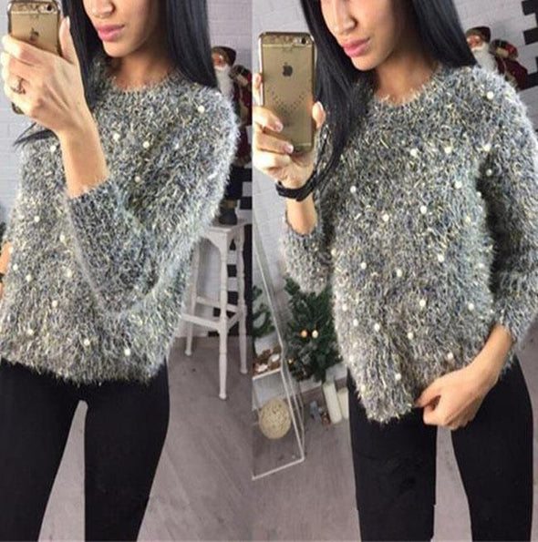 Sequined Gold Silk Beaded Sweater Women